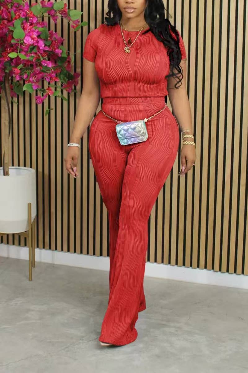 Solid color wavy bliss casual top with flare pants set
