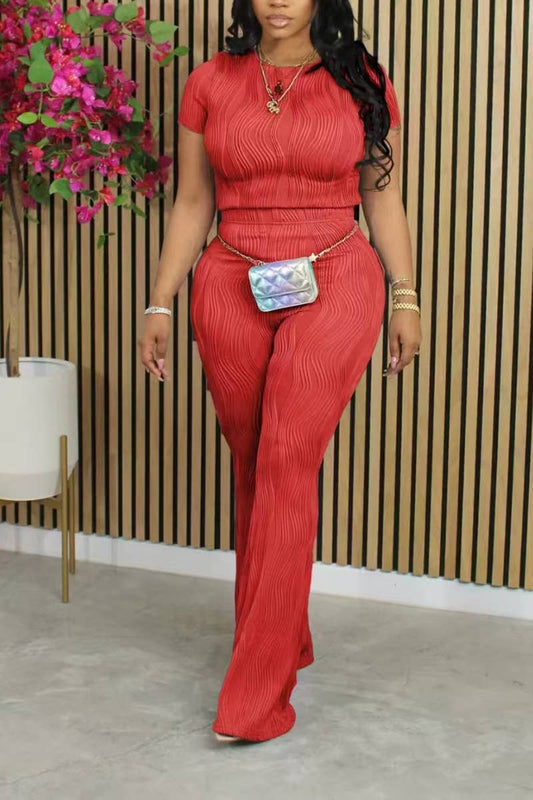 Solid color wavy bliss casual top with flare pants set
